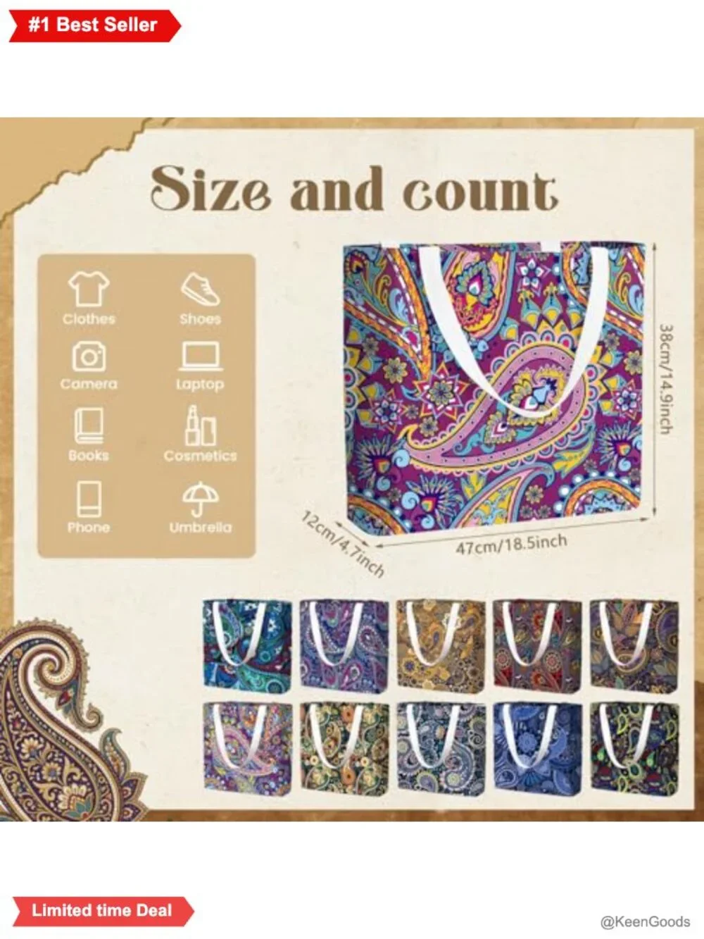 Paisley Canvas Tote Bags Set of 20 Reusable Grocery Shopping Handbags